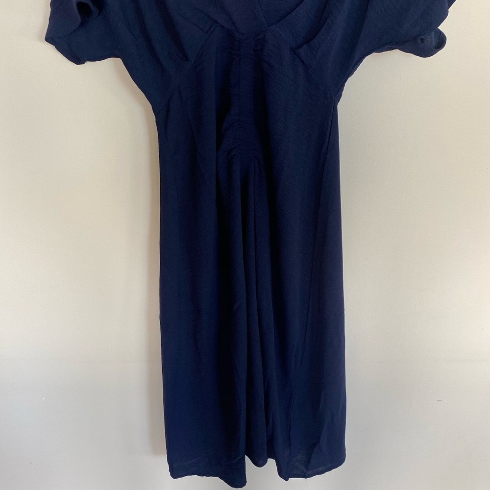 NWT Short Sleeve Navy Blue Ruched Front Flowy Midi Dress Small Medium Large - Picture 9 of 10